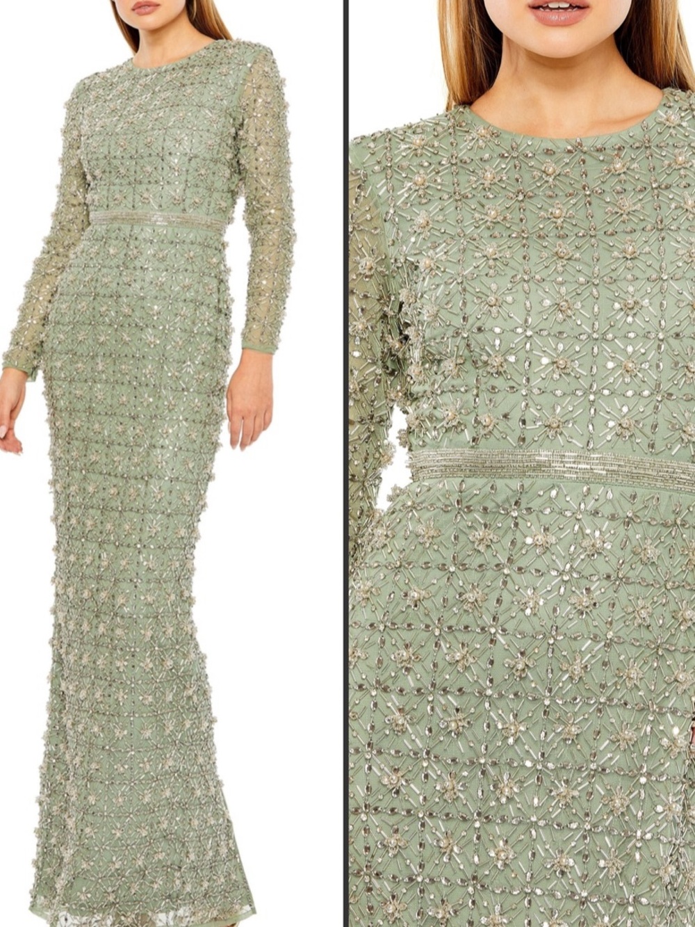 NWT MAC DUGGAL 93827  Green
Long Sleeve High Neck Beaded Gown Size 14